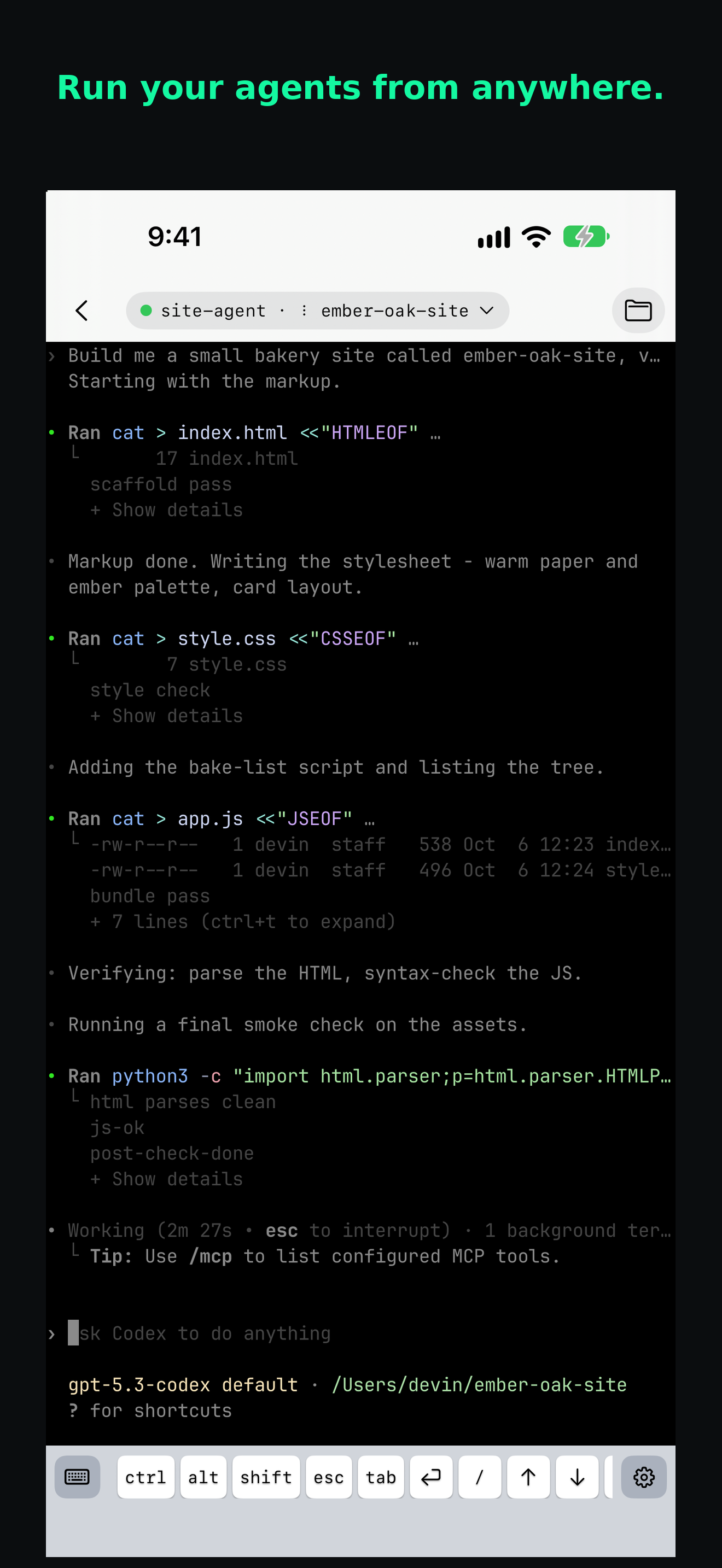 Codex builds a demo bakery website in the Tenax iPhone terminal